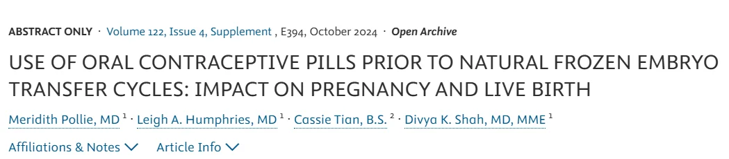 Oral Contraceptive Pills Prior to Natural Frozen Embryo Transfer Cycles – Fertility and Sterility