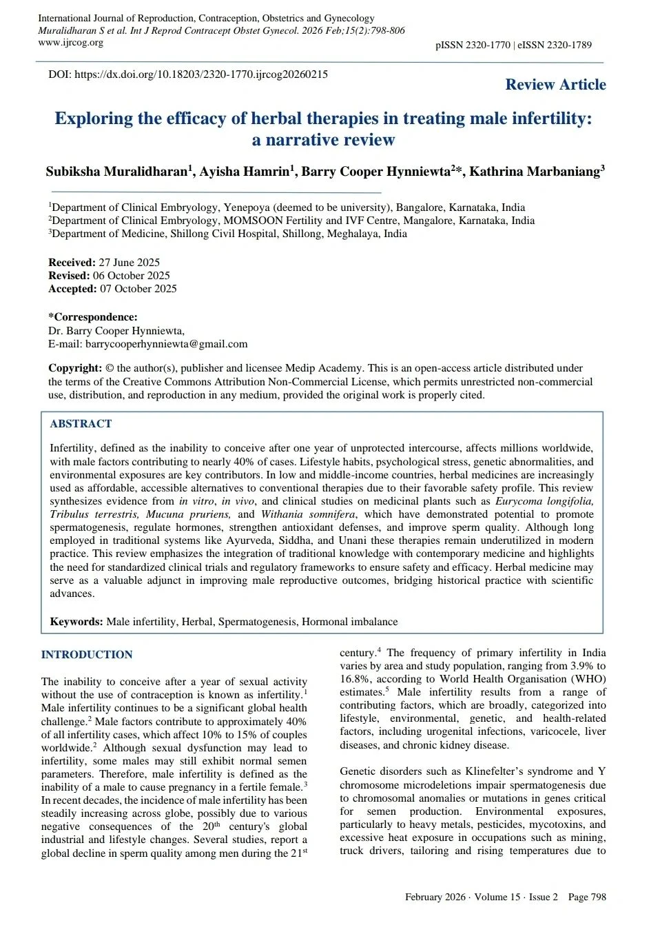Subiksha Muralidharan: Herbal Therapies in Male Infertility: Current Evidence and Need for Standardization