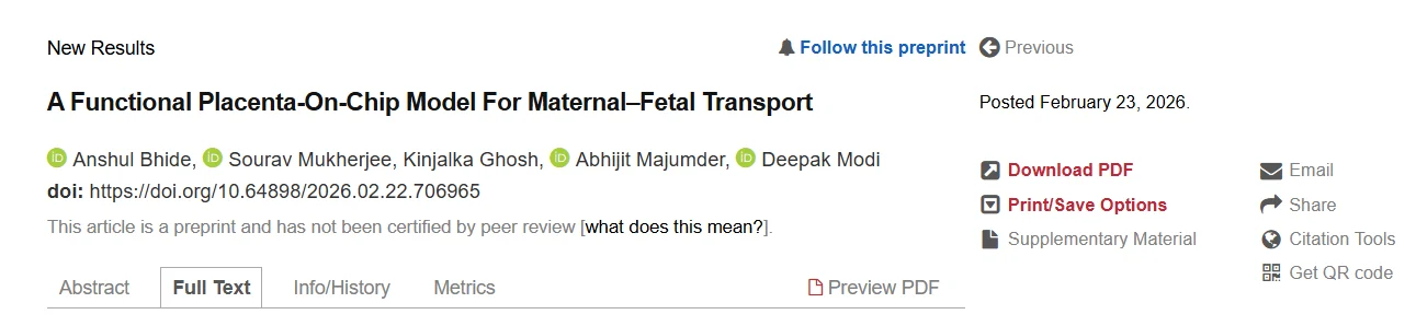 Deepak Modi: Elated to Share Our Preprint on a New Placenta on Chip Model