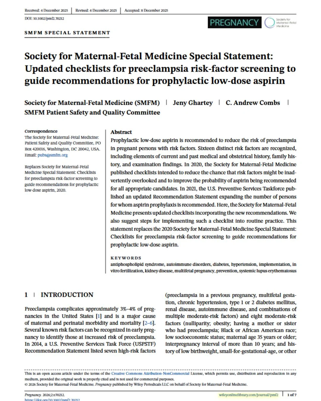 SMFM Shares Updated Checklist for Low-Dose Aspirin Use in Preeclampsia Prevention