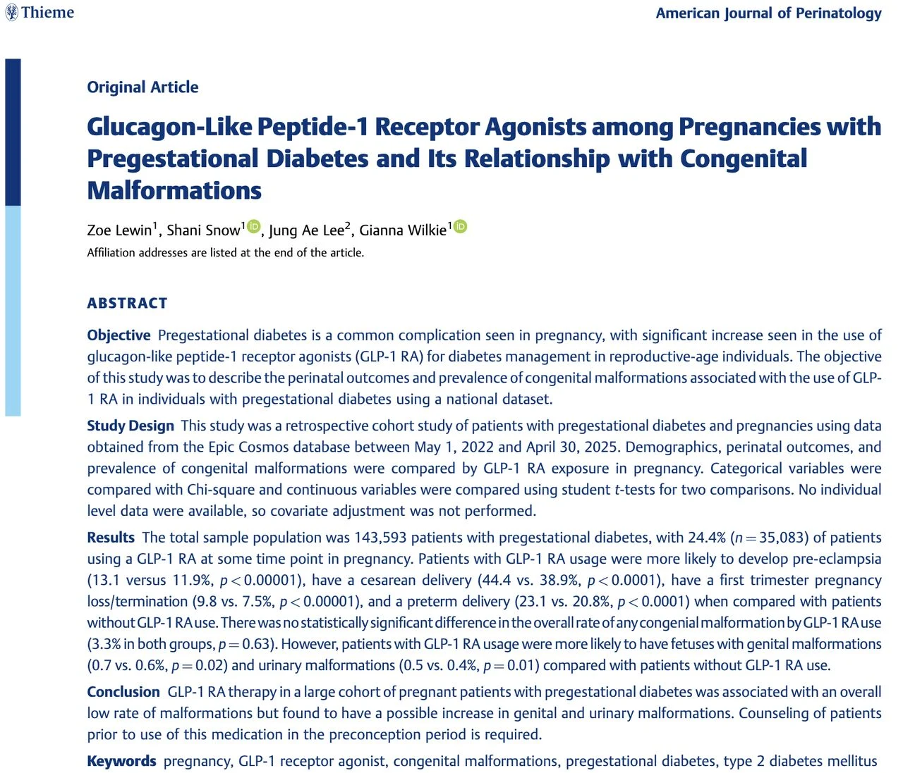 Christopher Robinson: GLP-1 Receptor Agonists among Pregnancies with Pregestational Diabetes