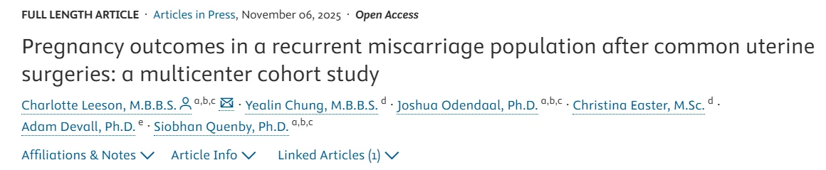 Pregnancy Outcomes in a Recurrent Miscarriage Population After Uterine Surgeries – Fertility and Sterility