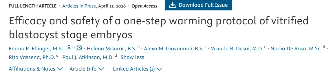 Efficacy and Safety of a One-Step Warming Protocol of Vitrified Blastocysts – Fertility and Sterility