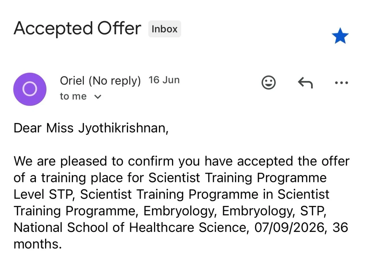 Devi Jyothikrishnan: Happy to Share That I Have Accepted My Place on the Scientist Training Programme in Embryology