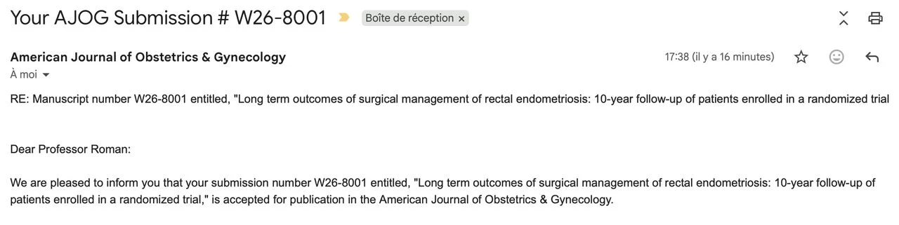 Horace Roman: 10-Year Outcomes Following Surgery for Colorectal Endometriosis Accepted by AJOG