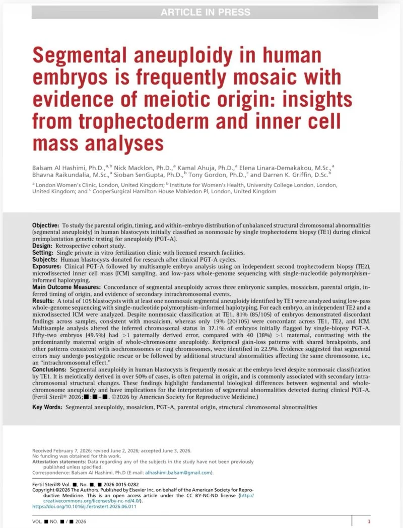 Darren Griffin: Proud to Share Our Article On Segmental Aneuploidy in Human Embryos