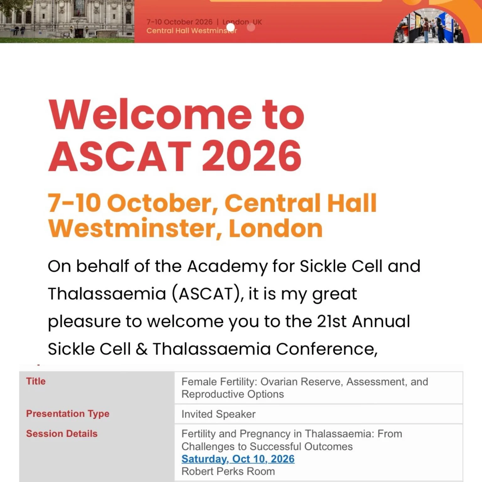 Vikram Sinai Talaulikar: Thankful to ASCAT 2026 for the Invitation to Talk on Fertility in Women With Thalassaemia