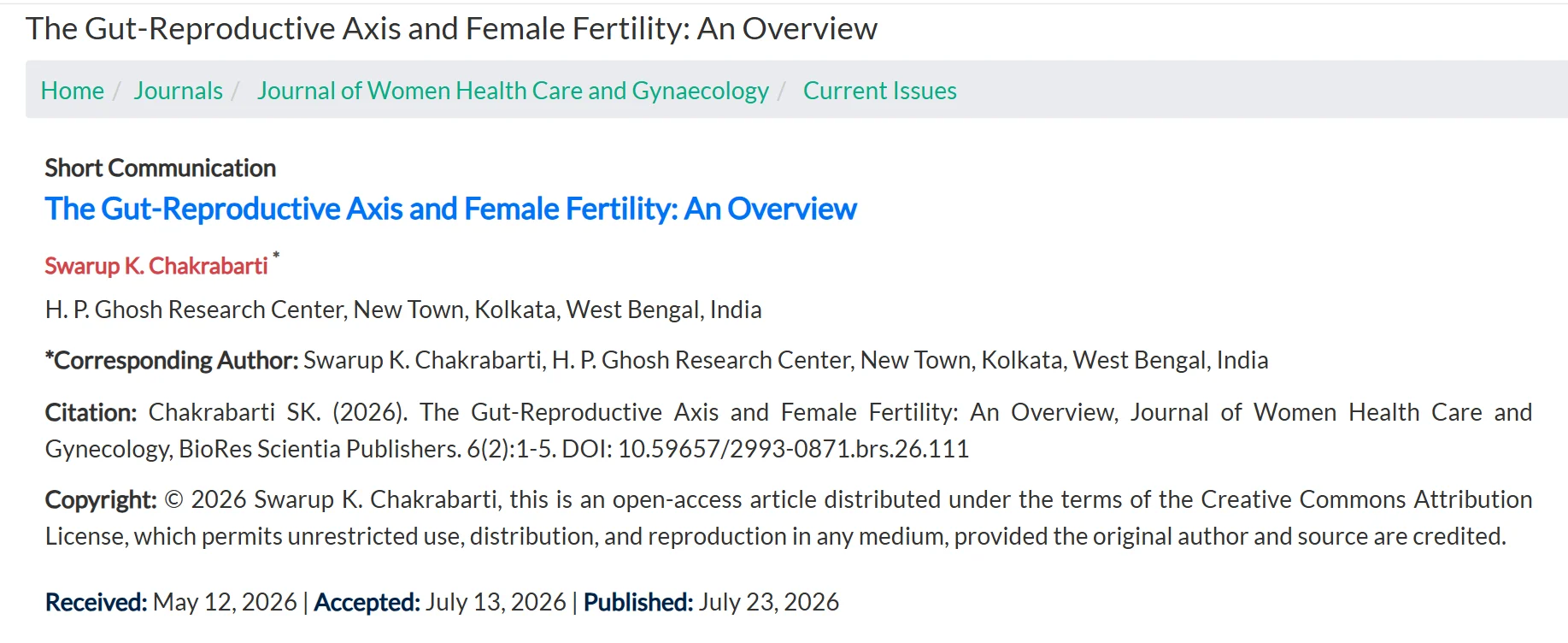 Swarup K. Chakrabarti: The Gut-Ovary Connection – A New Frontier in Fertility