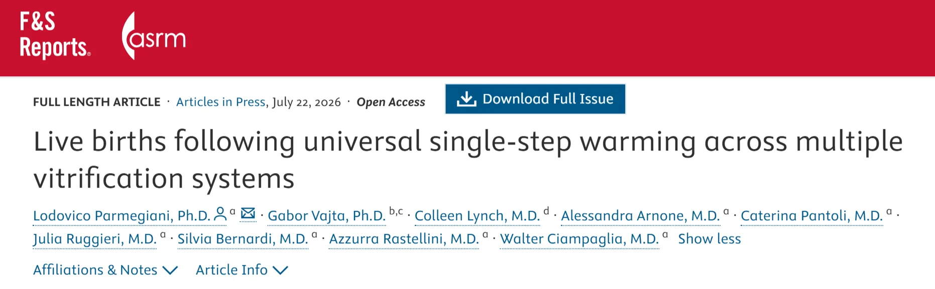 Lodovico Parmegiani: Live Births Following Universal Single-Step Warming Across Multiple Vitrification Systems