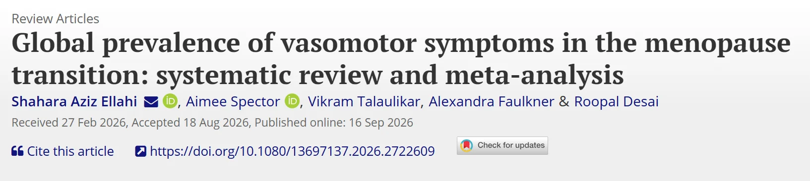 Vikram Sinai Talaulikar: Global Prevalence of Vasomotor Symptoms in the Menopause Transition