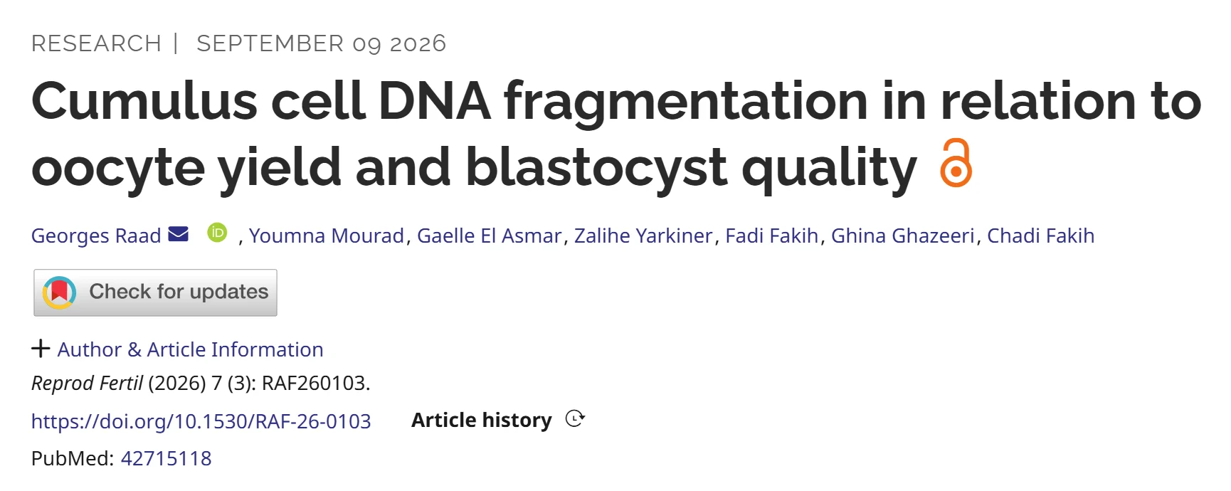 Georges Raad։ Can Cumulus Cell DNA Fragmentation Tell Us Something About Subsequent Blastocyst Development?
